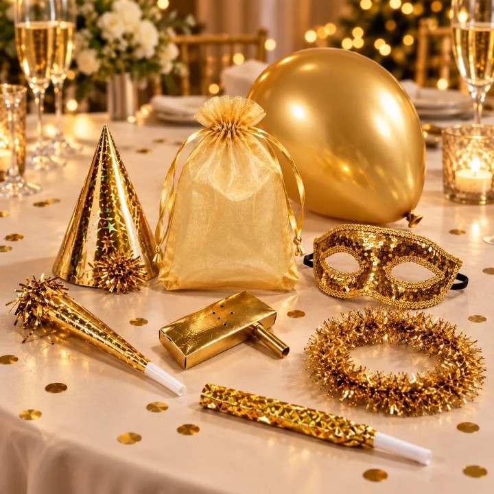 Presentación ilustrativa de cotillón dorado en bolsa de organza para una celebración